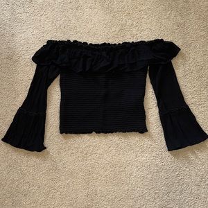 Black Smocked Ruffle Off the Shoulder Crop Top